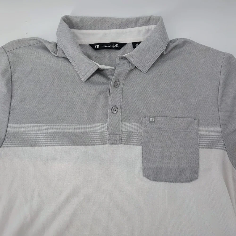 TravisMathew Polo Shirt Men Medium Gray White Colorblock Pocket Golf Casual Golf